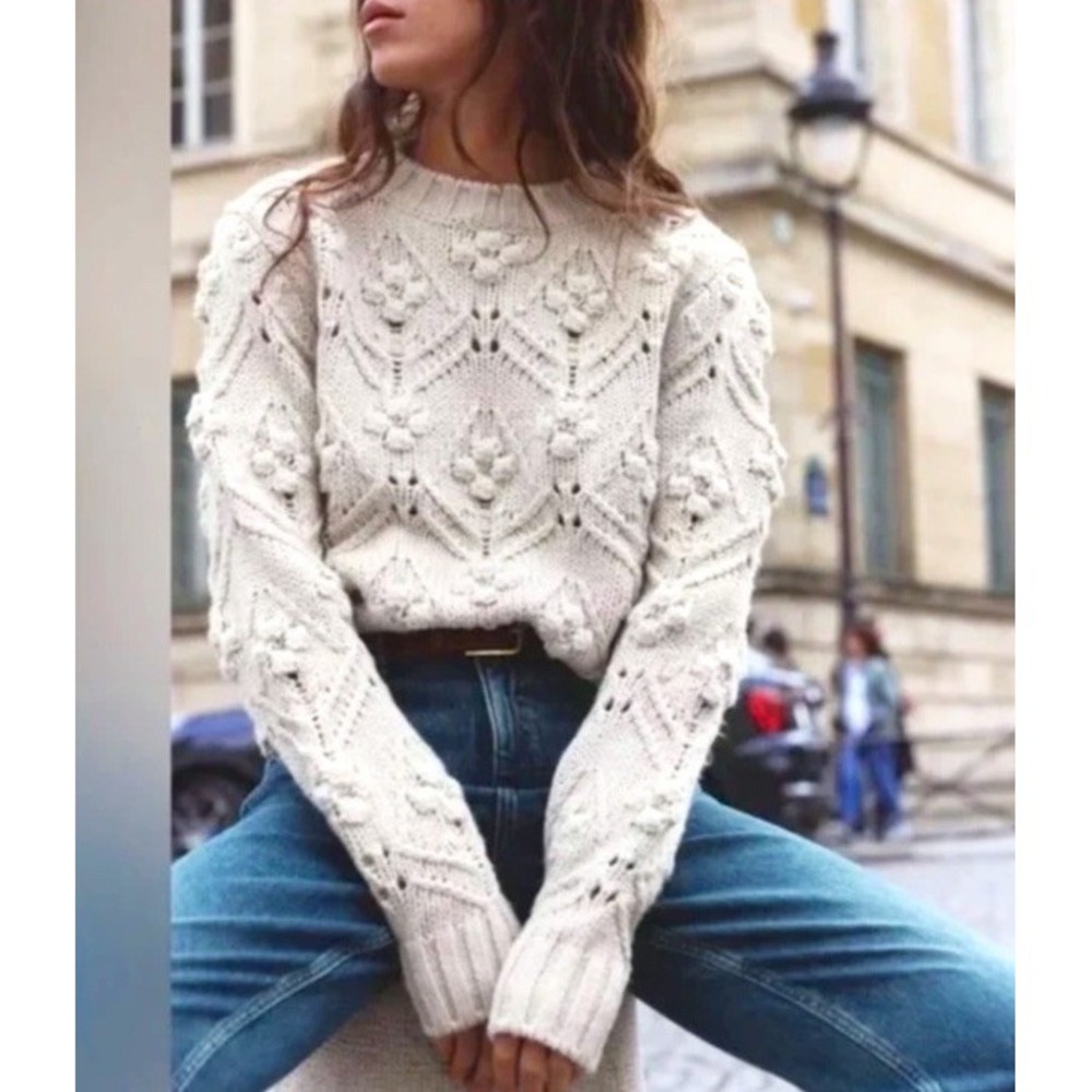 NWT‎ Zara Wool Blend Sand Chunky Open Cable-Knit Pompom Accent Sweater Sz L NWT